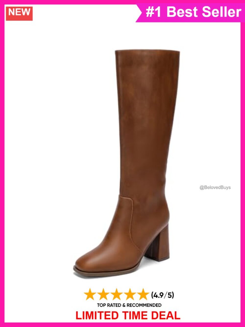 Women's Wide Calf Knee High Boots Square Toe 3.5" Chunky Heel Faux Leather